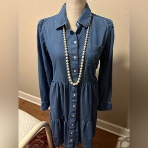 Blue Chambray Tiered Button Front Shirt Dress Spring Easter Boho Size M